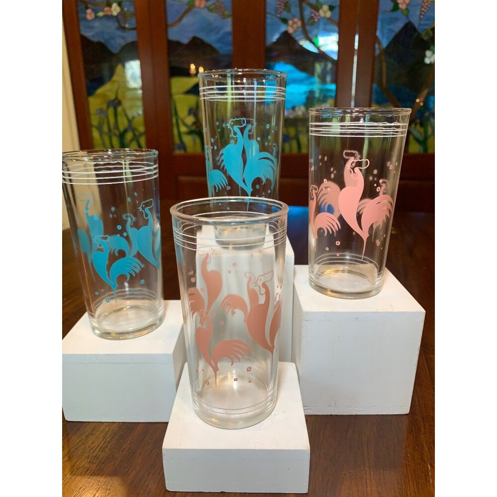 Vintage Hazel Atlas MCM Rooster Juice Glasses.